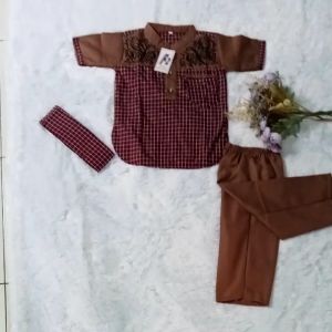 Baju Koko Anak Laki-Laki Kotak-Kotak Kombinasi Bordir Lengan Pendek