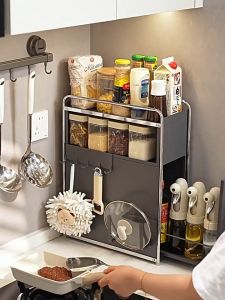 SJORAGE On Hand🔥Pull Out Spice Rack Kitchen Organizer Storage Rack with Flip Door Hooks & Pot Lid Holder Space Saving Spice & Condiment Organizer