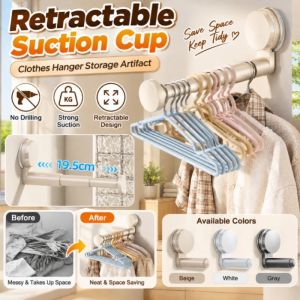 Retractable Suction Cup Hanger Space Saving Wall Mounted Clothes Hanger No Drill Adjustable Length Wardrobe Storage Organizer Bedroom Bathroom Laundry Clothes Rack