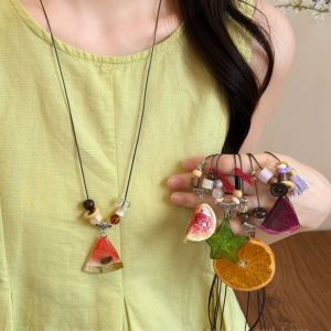 LUMINOU Drip Glaze Finish Fruit Pendant Necklace Layerable Design Handmade Natural Slice Pendant Retro Adjustable Pendant Necklace Gift