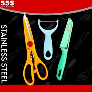 #3-IN-1 STAINLESS STEEL KITCHEN SET HEAVY DUTY SCISSOR PEELER & PARING KNIFE WITH SHEAT 55S-MAKAPAL#SR