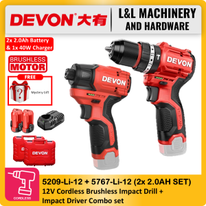 DEVON 5209-Li-12 + 5767-Li-12 12V Lithium-Ion Brushless Cordless Impact Drill & Impact Driver Combo