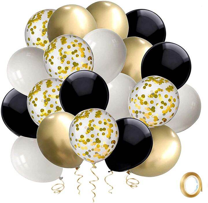 Kiena Black and Gold Confetti Balloons, 50Pack 12inch White Latex Party ...