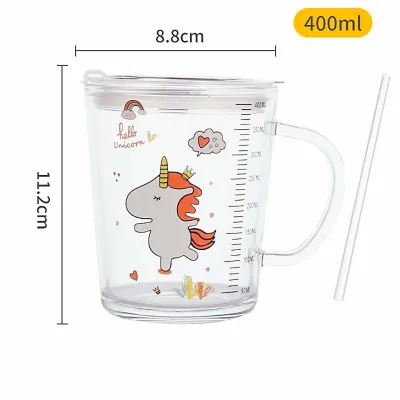 400ML Glass Milk Cup with Straw and Lid Glass Measuring Milk Clear Cup for Kid Drinking Water Cup for Kid Travel Mug Cartoon Animal Milk Sippy Cup Glass with Handdle