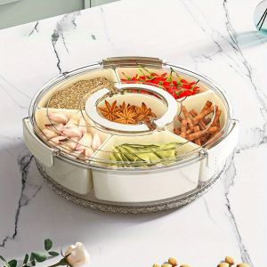 6-Compartment Rotating Snack Tray with Lid and Handle - Multi-Layer Fruit and Vegetable Utensils Durable PP Material - Suitable for Fried Rice Cakes Christmas Parties and Travel Picnics