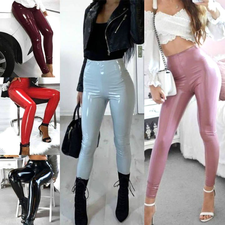 Women High Waist Stretchy Faux Leather Leggings Elastic PU Pencil Pants  Trousers