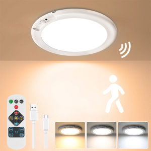 Rechargeable LED Ceiling Light Motion Activated Indoor Night Light With Remote Control Three Color Temperature Timer Settings For Bathroom Pantry Stairs Garage Closet