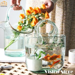 Vision Nordic Hand Bag Vase Creative Hand Basket Vase Transparent Glass Vase Flower Arrangement Living Room Decoration