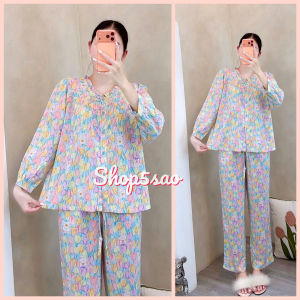 Đồ bộ tole nữ bộ lanh mặc nhà quần dài áo tay dài cài nút phối bèo cổ SHOP5SAO (43-75kg)