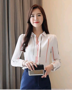 Kemeja Blus  Motif Garis Elegan Lengan Panjang Warna Putih