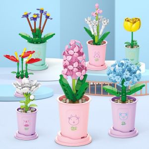 Potted Flower Building Block Bouquet Assembled Toy Simulation Green Plant Rose