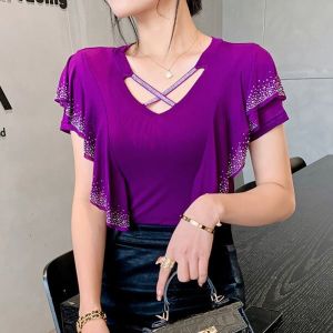 YIMEI เสื้อผู้หญิงผ้าก๊อซสวยๆเสื้อเต้นรำแต่งระบายคอกลมกลวงออกสำหรับใส่2023ใส่ได้ทุกโอกาสเสื้อเต้นรำแขนสั้นมีเพชรมาแรงสำหรับฤดูใบไม้ผลิ