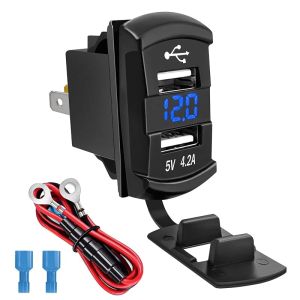 4.2A USB Rocker Switch 12V Dual Charger Ports Pure Copper with Red LED Voltmeter12V-24V Rectangular Universal Waterproof Charger Multi PortReplacement for Marine Toggle Switch