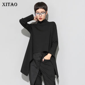 XITAO T-shirt Vintage Black Irregular Women T Shirt Top