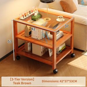 [SG Stock]Bamboo Rolling End Table with Wheels 3-Tier Open Shelf Cart for Sofa Side & Home Organization