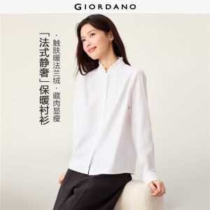 GIORDANO Women Shirts Cotton Flannel Ruffle Mandarin Collar Shirts Long Sleeve Fashionable Casual Relaxed Shirts 13346614