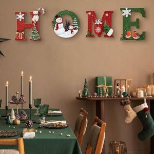 UNQIN 4 pcs Wooden Home Letter Decor 2D Flat Self Adhesive Wall Decor Entrance Decor Snowflake Bear Xmas Door Ornaments Christmas
