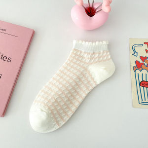 CEEKEY ถุงเท้าสตรีถุงเท้าสตรีฤดูร้อนบางสีชมพูผูกถุงเท้าลายถุงเท้าผ้าฝ้ายดูดซับเหงื่อ