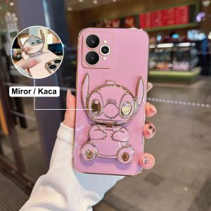 Soft Case Realme 15/Realme 15 Pro Casing Cute Stitch Mirror Kaca Stand Holder Plating Premium