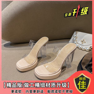 [Free Shipping] Transparent High-Heeled Shoes For Women New Summer Style Waterproof Platform One-Strap Ultra-High Heel Slippers Crystal Heel Chunky Heel Sandals For Women