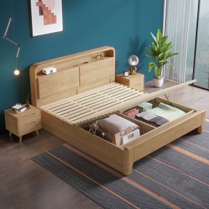 Nordic Solid Wood Bed 2m Double Bed Modern Simple Main Bed 2m with Lamp Storage High Bed Soft Back Wedding Bed