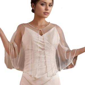 Delicate Pearls Embellished Capelet Light weight Polyester Bridesmaid Capes for Special Occasion