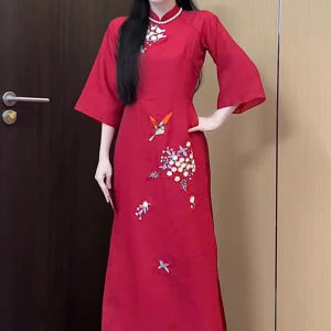 Áo dài cách tân mặc Tết set áo dài thiết kế chất Tuyết Nhung thêu hoa tay lỡ kèm quần dài