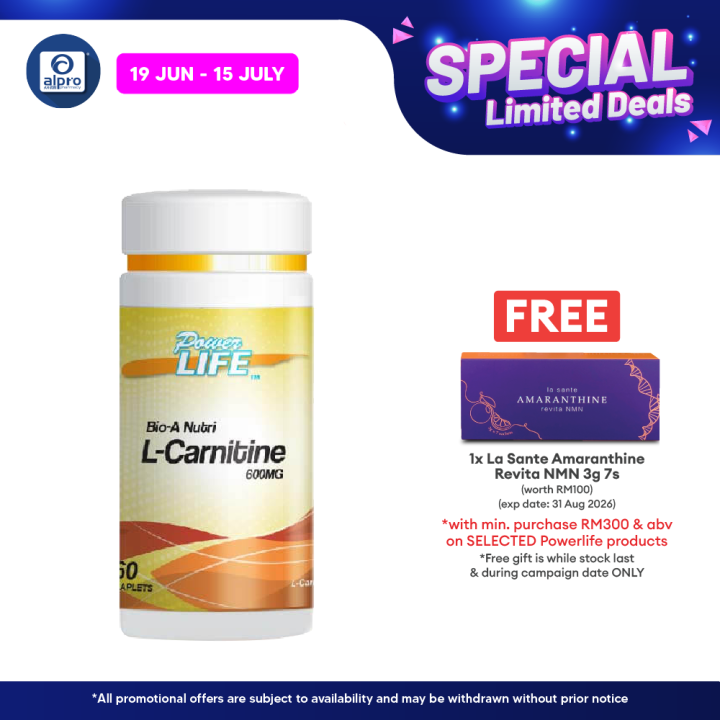 l-carnitine 600mg Powerlife Bio-A Nutri L-Carnitine 600mg 60s | Energy Production for Heart Health/Increase Energy/Amino Acid/ Good Absorption/提供能量/增强新陈代谢/氨基酸