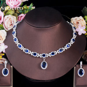 SEQUITO Bộ Trang Sức Đính Hôn Pha Lê Màu Xanh Dương Cổ Điển Bông Tai Vòng Quyến Rũ Hình Bầu Dục Đá Zirconia Khối Lập Phương Tuyệt Đẹp Bộ Vòng Cổ Choker Cho Nữ Đám Cưới SJ174