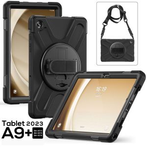 Hard Case Armor For Samsung Tab A9 Plus 11 inch SM-X210 SM-X215 SM-X216 2023 Silicone TPU Cover Bumper Shoulder Hand Strap TD753 Casing Heavy Duty Rigged Stylus Pen Slot Shock Resistant Adjustable
