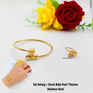 Set Gelang Bangle + Cincin Motif Pasir Glitter Anti Karat Anti Luntur SultanStainless Steel