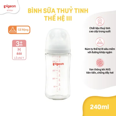 Bình sữa Thủy Tinh chống đầy hơi Pigeon cổ rộng cho bé sơ sinh núm ti siêu mềm chống sặc cho trẻ 160ml/240ml chính hãng