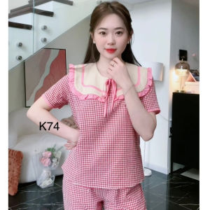 (Bunnysky) Quần áo nữ mặc nhà Bộ bộ thiết kế tiểu thư kẻ caro thô mềm thấm hút mồ hôi