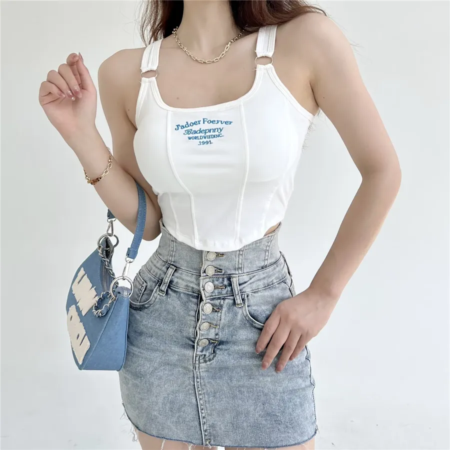 Korean Fashion Style V-Shaped Crop Top Padded Sleeveless Top Tanks