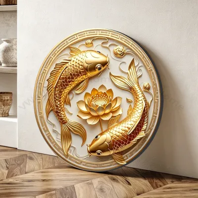 Round Golden Koi Lotus Landscape Wall Art Modern Aesthetic Home Decor for Living Room Bedroom Condo