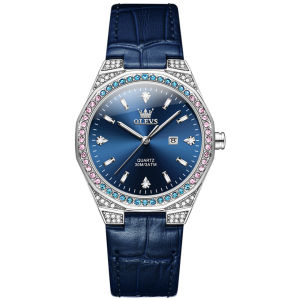 OLEVS 5606 Women Quartz Fashion Watch Gift Round-dial Leather Watchband Wristwatch Calendar