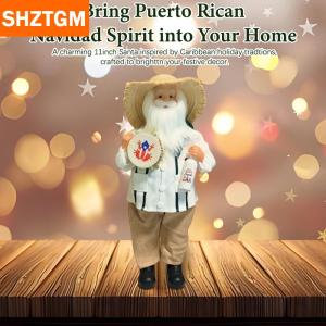 [COD] SHZTGM รูปแกะสลักซานตาคลอสสไตล์เปอร์โตริโก้ซานตาคลอสใหม่ขนาด11นิ้วตกแต่งด้วยหมวกฟาง