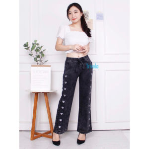 NouraFashion - Lovely Karet / Celana Kulot Jeans Tebal Love Bordir Wanita Pinggang Full Karet Tebal