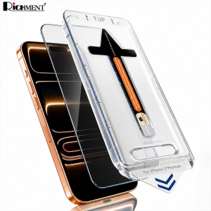 RICHMENT Easy to Install HD Clear Tempered Glass for iPhone 17/16/15 Series 8K HDR Anti-spy Glass. Features: 9H Hardness Waterproof HD Clear Anti-scratch One-click film applicator.