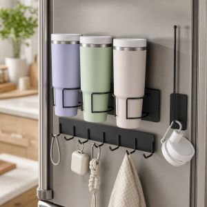 Tulip Home Furnishings Store Magnetic Cup Storage Rack Fridge Side Tumbler Holder Carbon Steel Organizer Shelf With Hook