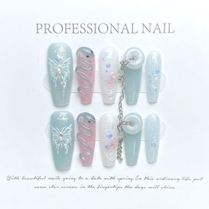 [HANDMADE]Artificial Nail Jade Snake Plate Buckle New Chinese Ancient Style Pink Blue Contrast Color Hand-Painted Butterfly Sequins Phototpy Nails Reusable and Removable Nails