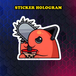 Stiker Hologram Pochita Chainsaw man ukuran 8 cm