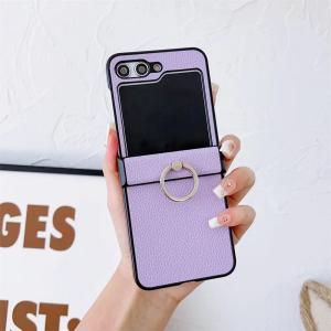 Z Flip 6 Case Fashion Lichee Pattern PU Leather Ring Holder Case for Samsung Galaxy Z Flip 6 5 4 3 ZFlip 6 Flip6 Hinge Cover