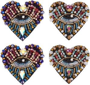 INFUNLY 4Pcs Love Heart Eye Rhinestone Bead Patch 4.1x2.9in Heart-Shaped Eye Sew On Patches Handmade Bling Eye Applique Fabric Sequin Diamond Patch for Clothes Jeans Jacket Clothing Bag Arts Crafts
