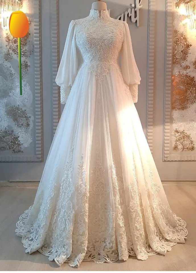 Misshow Muslim Ball Gown Ivory Wedding Dress 2022 High Neck Ruffle Sleeve Arabic  Wedding Bridal Gowns - Dresses - AliExpress