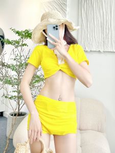 Đồ bơi áo tắm bikini hai mảnh cộc tay xoắn ngực nhiều màu phối quần đùi cạp cao che khuyết đIểm đi biển kín đáo