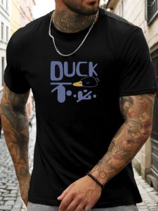 Short Sleeve T-Shirt Mens Premium 100% Cotton Summer Round Neck Light Blue Duck Cartoon Graphic Print Breathable Daily Wear Tee