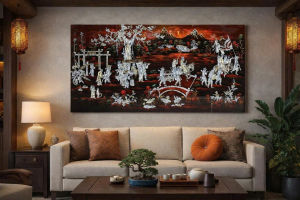 ( Tặng kèm khung) Tranh sơn mài - VINH QUY BÁI TỔ - Khảm cừ Size 60x120 cm / Ý Nghĩa - Phong Thủy