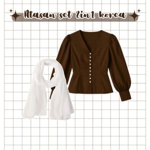 One Set OOTD 3in1 Wanita Korean Style Pashmina Putih & Blouse Kekinian Coklat & Rok Susun 46A MURAH