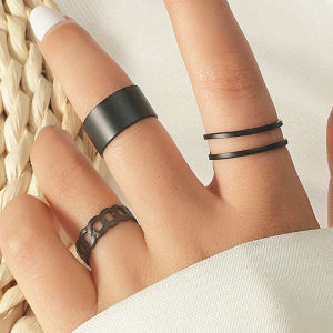 [fenggongshuode] 3 6pcs Vintage Black Rings Set For Women Girls Punk Metallic Geometric Simple